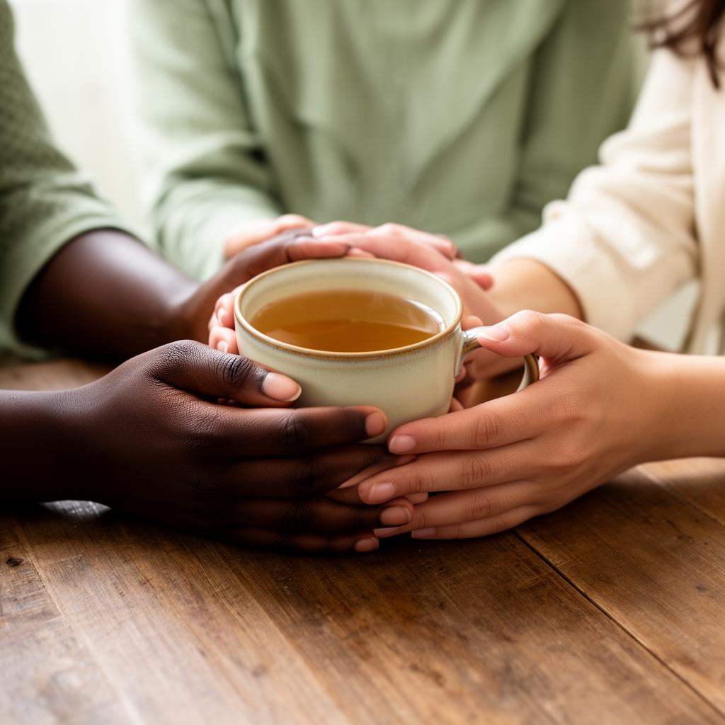 Two women's hands holding a warm cup of tea