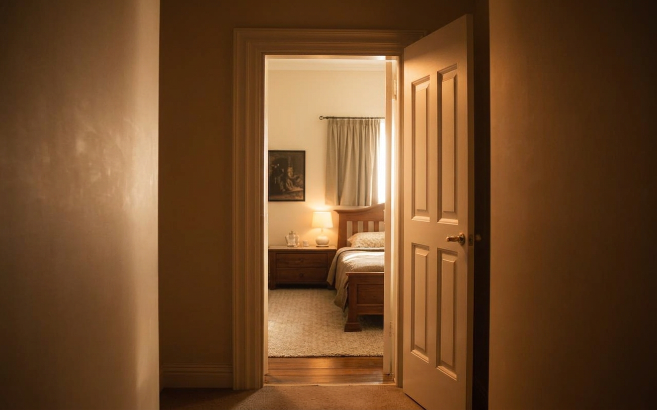 A softly lit bedroom doorway, a safe place to rest